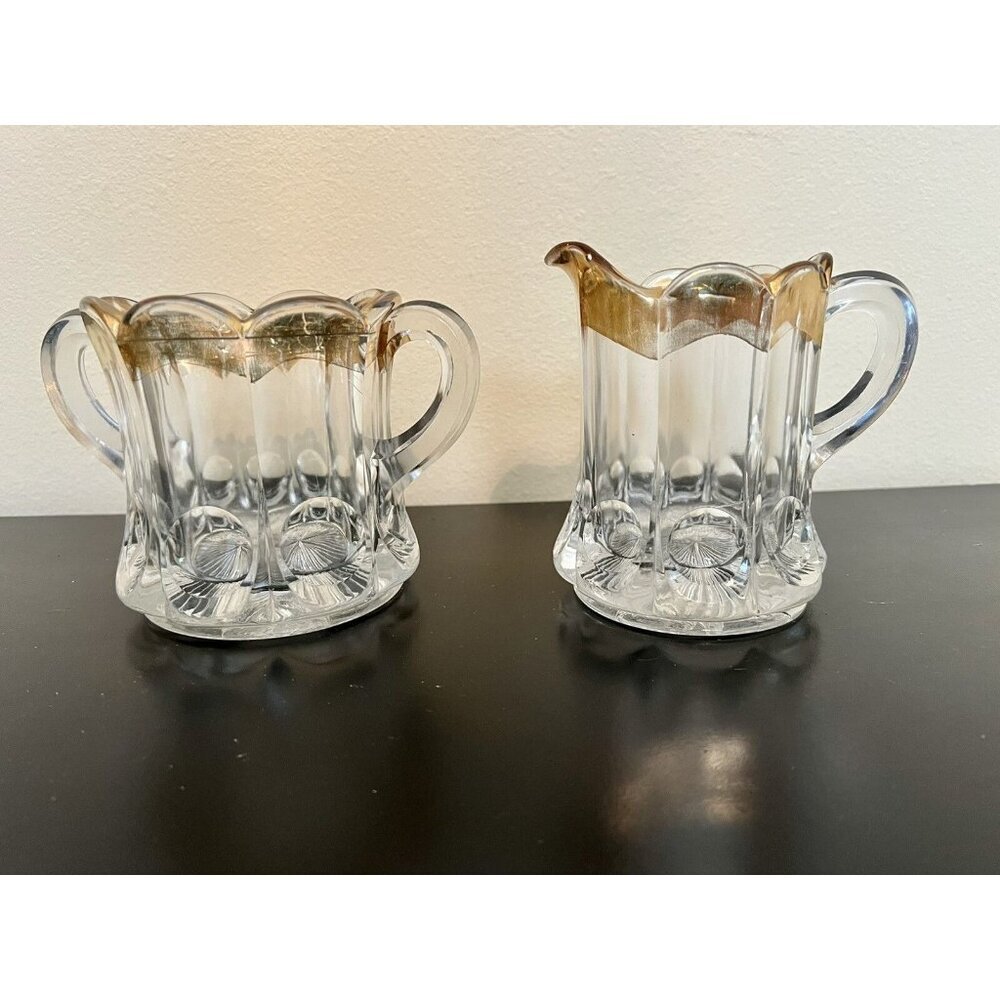 Antique New Martinsville Glass Creamer Sugar 704 Thumbprint Glows Uranium Gold